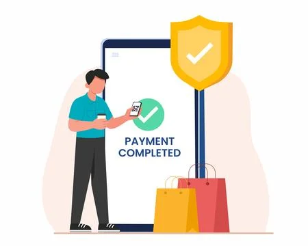Men use mobile cashless payment system or scan qr code for online shopping Stock Illustration