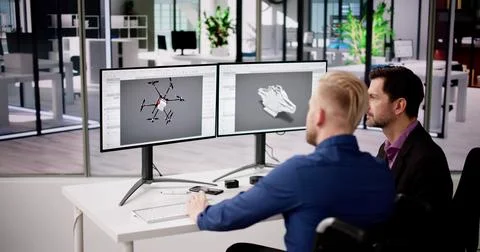 Men Using 3D CAD Software On Computer Screen Foto stock