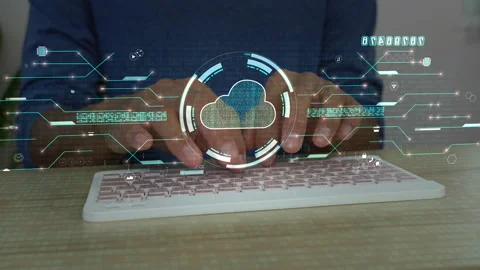 A men using computer for connecting to a cloud computing data hologram. Stock Footage 172027629