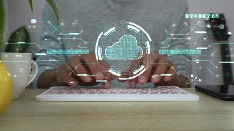 A men using computer for connecting to a cloud computing data hologram. Stock Footage 172562869