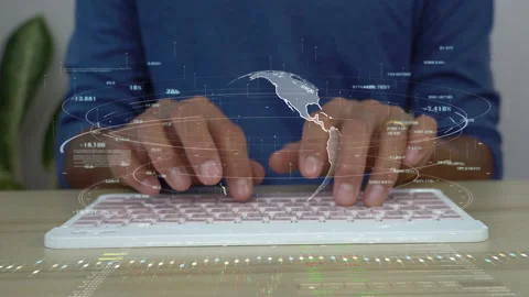 A men using computer for connecting to a cloud computing data hologram. Stock Footage 208573652