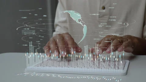 A men using computer for connecting to a cloud computing data hologram. Stock Footage 209429001