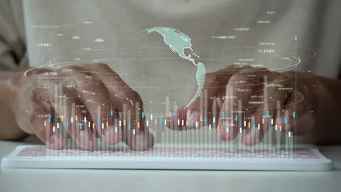 A men using computer for connecting to a cloud computing data hologram. Stock Footage 209429011