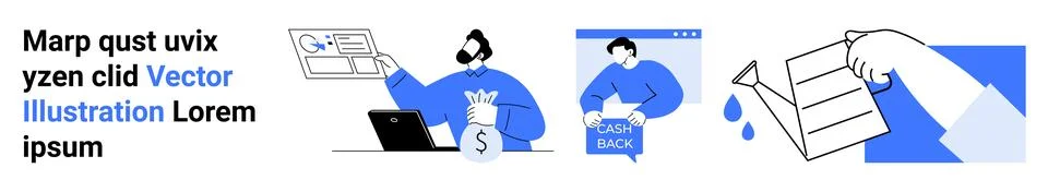 Men using laptop and analyzing graphs, person receiving cashback, hand holdin Illustrazione stock