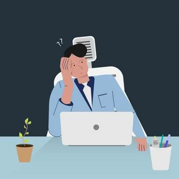 Men using laptop in flat art design character technology think or doubt concept Stock Illustration