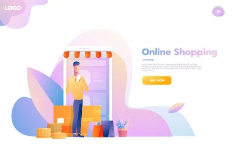 Men using mobile shopping. People walking in the store that looks like a tablet Illustrazione stock