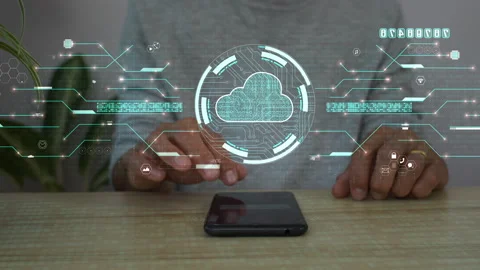A men using smart phone for connecting to a cloud computing data hologram. Stock Footage 172562861