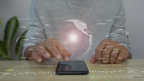 A men using smart phone for connecting to a cloud computing data hologram. Stock Footage 208573665