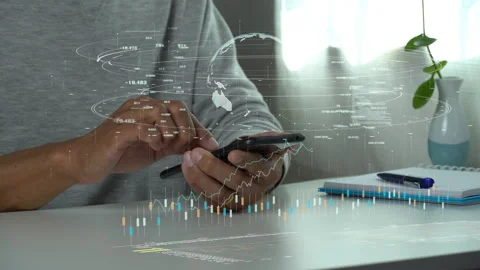 A men using smart phone for connecting to a cloud computing data hologram. Stock Footage 220901674