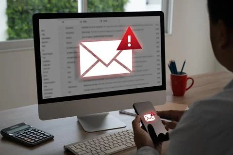 Men using smartphones warning alert, email hack SMS spam, fake text message.. Stock Photos