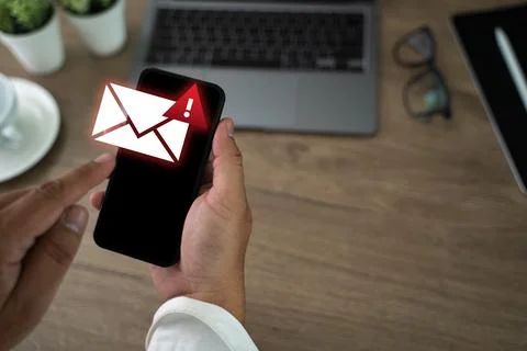 Men using smartphones warning alert, email hack SMS spam, fake text message.. Stock Photos