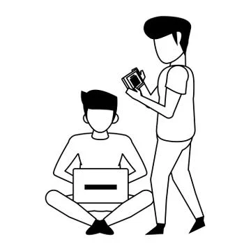 Men using technology devices cartoon in black and white Stock Illustration