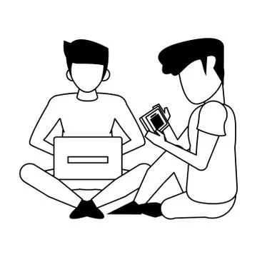 Men using technology devices cartoon in black and white 스톡 일러스트