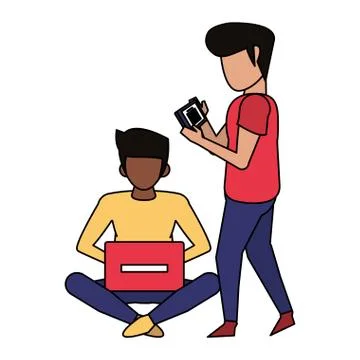Men using technology devices cartoon Illustrazione stock