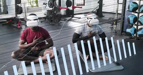 Men using VR and following breathwork for wellness while HUD overlaying them, Stock Footage 332426203