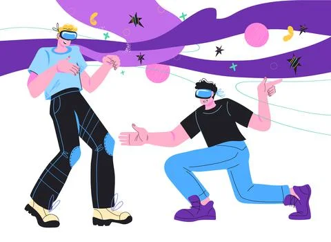 Men in virtual reality headsets playing 3d interactive games, cartoon vector. Stock Illustration