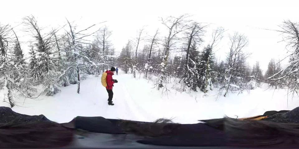 Men Walking in deep winter forest - 360 Virtual Reality First Person View Stock Photos