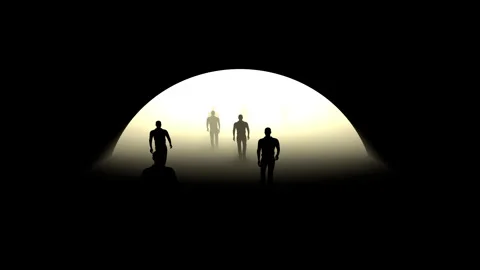 Men walking to the light at the end of the tunnel - looped. Stock Footage 302948547