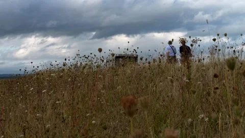 Men walking on path with flowers in foreground. Super slow motion 4K 库存影片 289099666