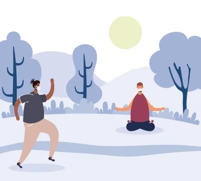 Men walking practicing social distancing and yoga in park Ilustração Stock