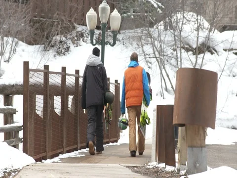 Men walking on small bridge during winter Video stock 84502876