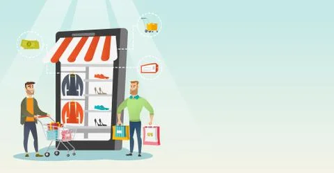 Men walking in store that looks like a tablet. Stock Illustration