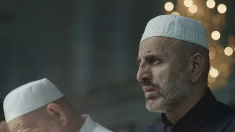 Men Wearing Muslim Headdress Pray in Ingushetia Mosque Stock Footage