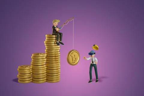Men wearing vr are falling victim to crypto scams. with fishing rod 3D, Rende Stock Illustration