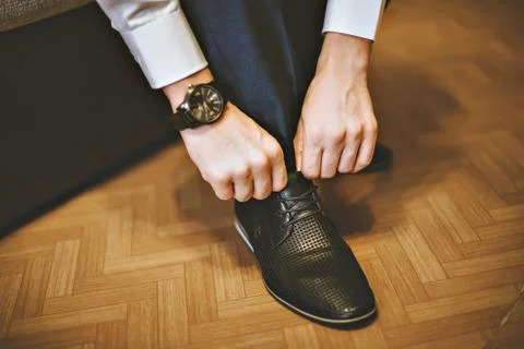 Men wearing work black boot Stock Photos