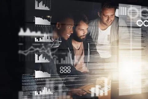 Men, web design and teamwork for collaboration, coding and fintech app Stock-Fotos