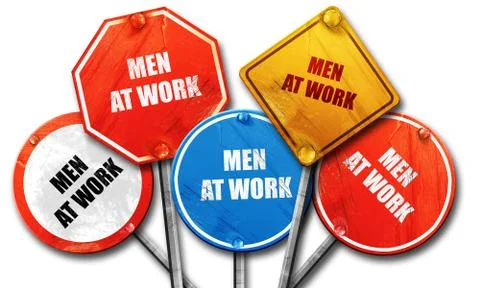 Men at work, 3D rendering, rough street sign collection Stock Illustration