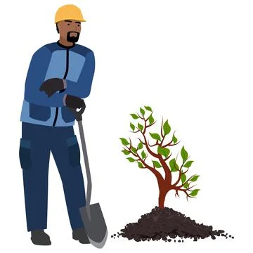 Men in work clothes with shovel stand next to young seedling in heap of soil Stock Illustration