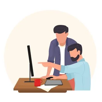 Men work at the computer. People at the workplace at a computer or laptop, offic Stock Illustration