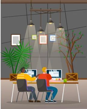 Men Work on Computers, Interior of Office Room Stock Illustration