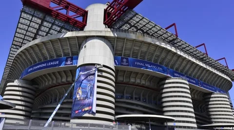 Men at work to decorate the San Siro stadium Stock Footage 63300866