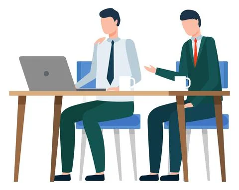 Men Work at Office with Computer, Business Meeting Stock Illustration