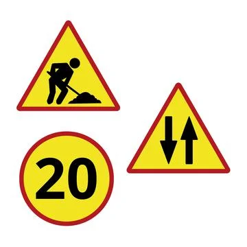 Men at work, speed limit, both directions yellow and red road construction signs Stock Illustration