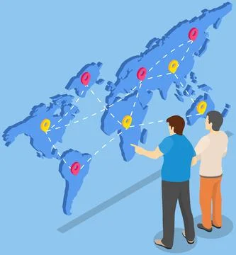 Men work together with world map for worldwide delivery. Male characters analyze Stock Illustration