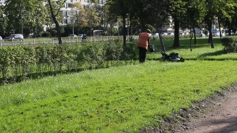 Men in work uniform mow the grass with a lawnmower in a city Park Stock Footage 118498763