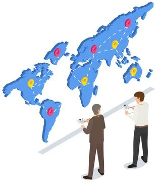 Men work with world map for worldwide delivery, discuss and make notes 스톡 일러스트