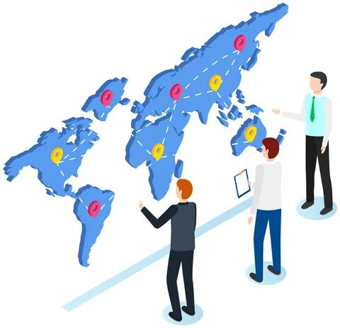 Men work with world map for worldwide delivery, discuss and make notes Stock Illustration