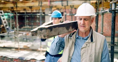 Men, worker or walk with wooden plank for construction, building material or Stock Footage 337016085