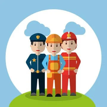 Men workers - policeman fireman and foreman construction standing in meadow Stock Illustration