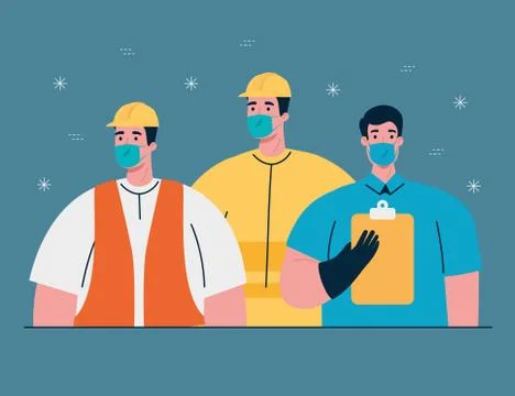 Men workers using medical mask during covid 19 pandemic Illustrazione stock