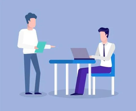 Men Working and Discussing, Using Laptop Vector Stock Illustration
