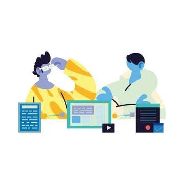 Men working and learning online. 스톡 일러스트