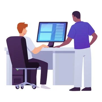 Men working at a desk computer, system administrator analyzing database, vector イラスト素材