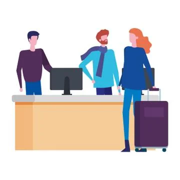 Men working in desk with computers and woman customer Stock Illustration