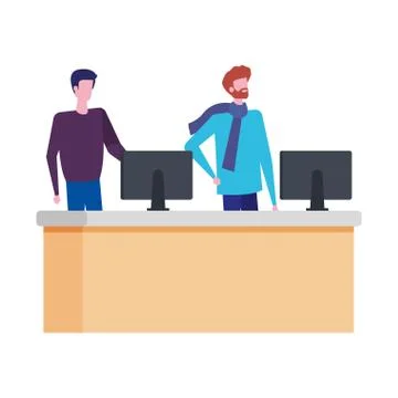 Men working in desk with computers Stock Illustration
