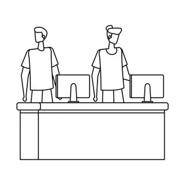 Men working in desk with computers Stock Illustration